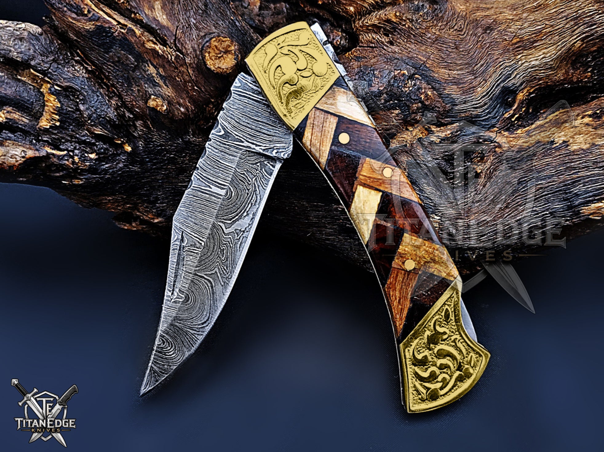 Handmade 7.25" Damascus Steel Pocket Knife, Folding EDC Hunting Knife, Wood Handle, Groomsmen Gift With Leather Sheath