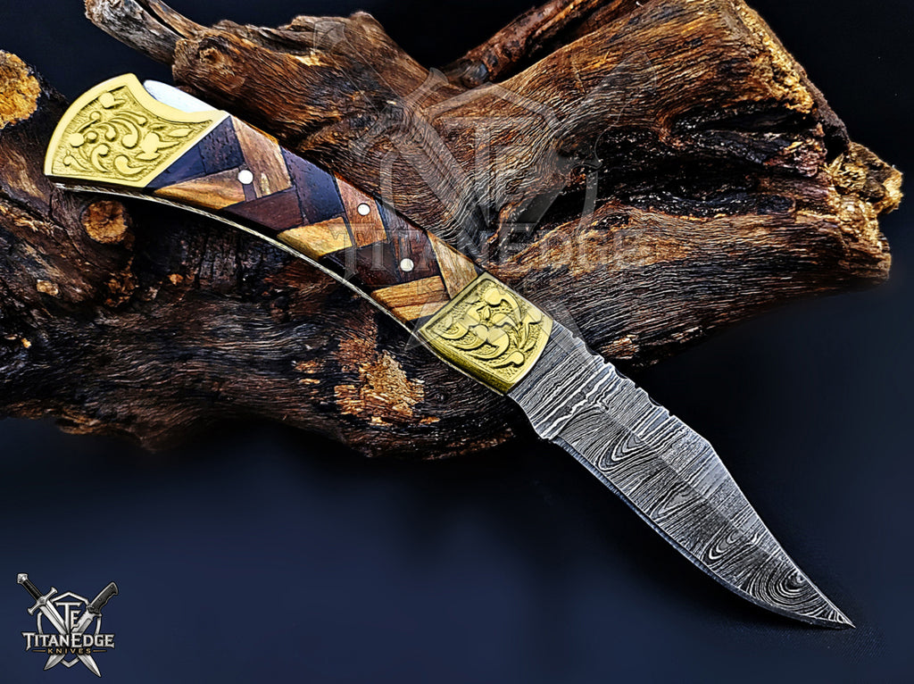 Handmade 7.25" Damascus Steel Pocket Knife, Folding EDC Hunting Knife, Wood Handle, Groomsmen Gift With Leather Sheath