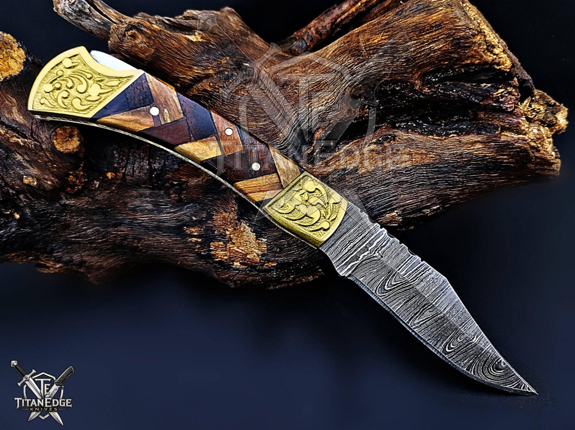 Handmade 7.25" Damascus Steel Pocket Knife, Folding EDC Hunting Knife, Wood Handle, Groomsmen Gift With Leather Sheath