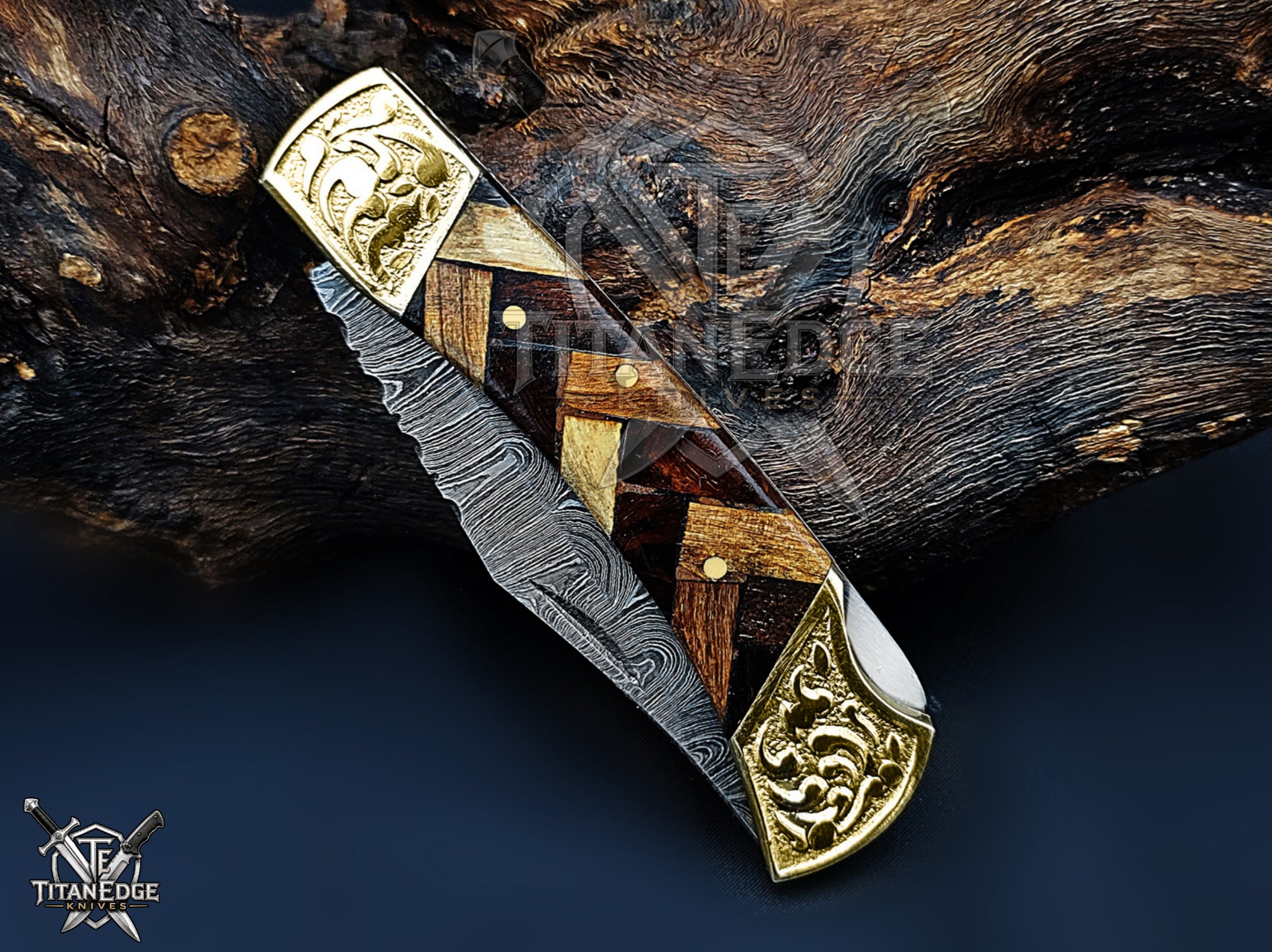 Handmade 7.25" Damascus Steel Pocket Knife, Folding EDC Hunting Knife, Wood Handle, Groomsmen Gift With Leather Sheath