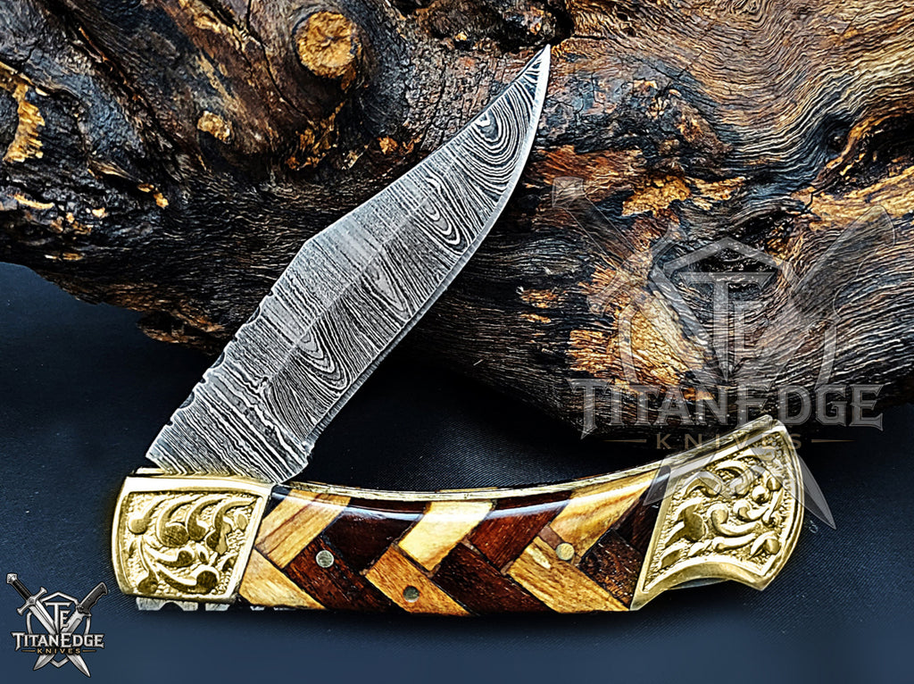 Handmade 7.25" Damascus Steel Pocket Knife, Folding EDC Hunting Knife, Wood Handle, Groomsmen Gift With Leather Sheath