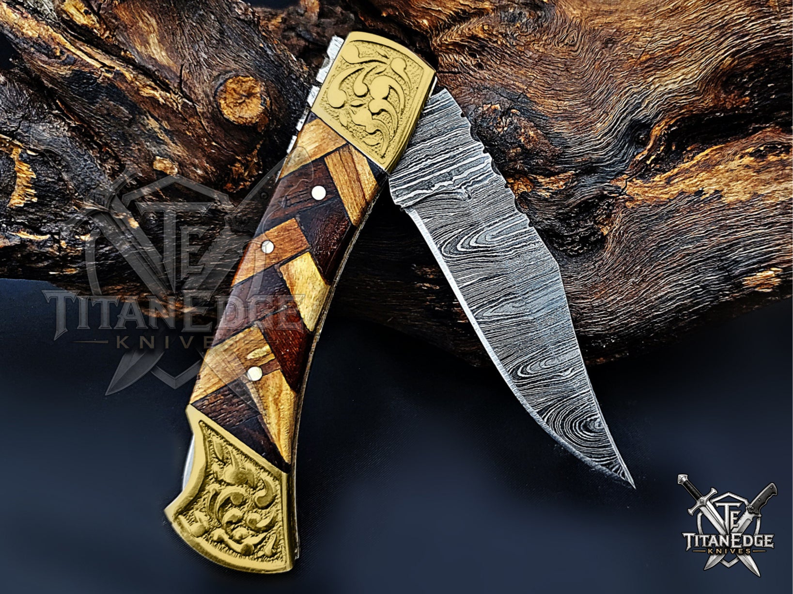 Handmade 7.25" Damascus Steel Pocket Knife, Folding EDC Hunting Knife, Wood Handle, Groomsmen Gift With Leather Sheath