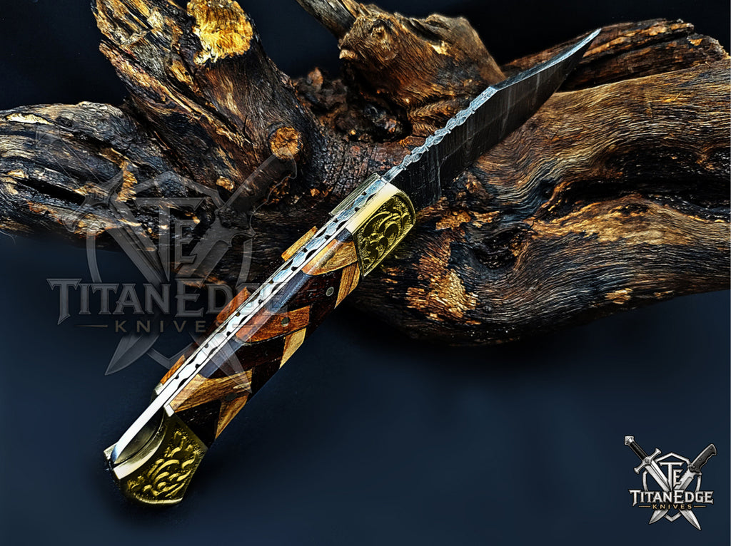 Handmade 7.25" Damascus Steel Pocket Knife, Folding EDC Hunting Knife, Wood Handle, Groomsmen Gift With Leather Sheath
