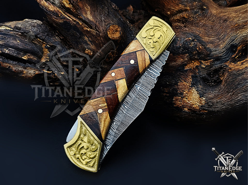 Handmade 7.25" Damascus Steel Pocket Knife, Folding EDC Hunting Knife, Wood Handle, Groomsmen Gift With Leather Sheath