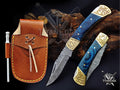 Handmade 7.25" Damascus Steel Pocket Knife, Folding EDC Hunting Knife, Wood Handle, Groomsmen Gift With Leather Sheath