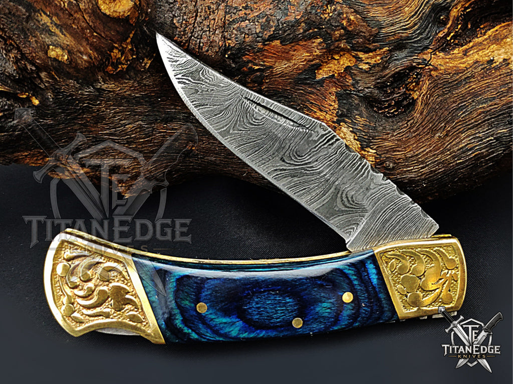 Handmade 7.25" Damascus Steel Pocket Knife, Folding EDC Hunting Knife, Wood Handle, Groomsmen Gift With Leather Sheath