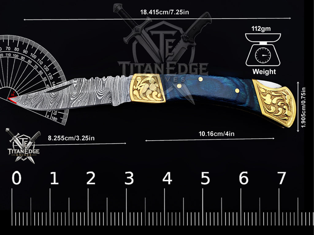 Handmade 7.25" Damascus Steel Pocket Knife, Folding EDC Hunting Knife, Wood Handle, Groomsmen Gift With Leather Sheath