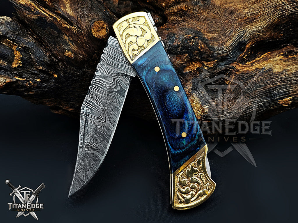 Handmade 7.25" Damascus Steel Pocket Knife, Folding EDC Hunting Knife, Wood Handle, Groomsmen Gift With Leather Sheath