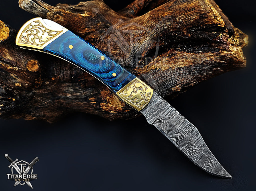 Handmade 7.25" Damascus Steel Pocket Knife, Folding EDC Hunting Knife, Wood Handle, Groomsmen Gift With Leather Sheath