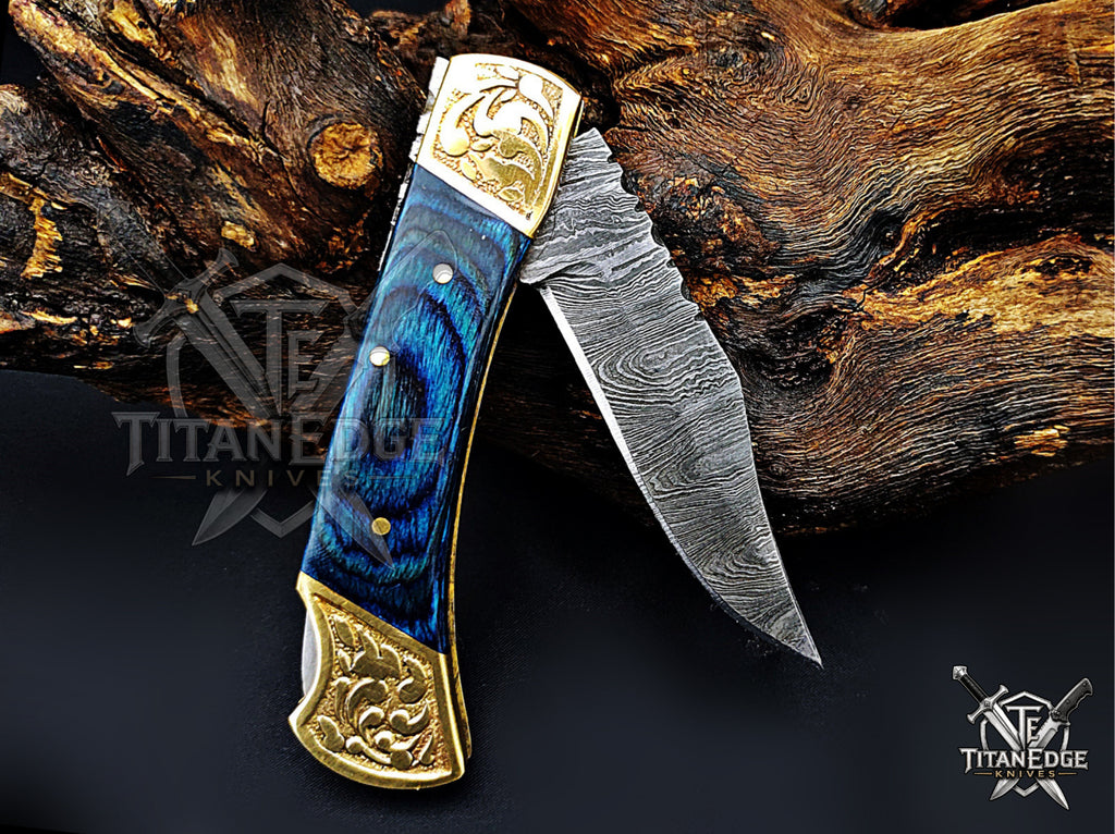 Handmade 7.25" Damascus Steel Pocket Knife, Folding EDC Hunting Knife, Wood Handle, Groomsmen Gift With Leather Sheath