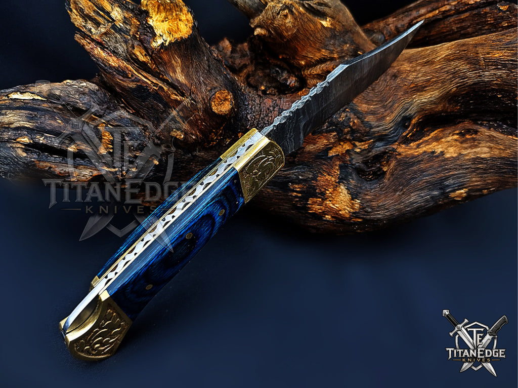 Handmade 7.25" Damascus Steel Pocket Knife, Folding EDC Hunting Knife, Wood Handle, Groomsmen Gift With Leather Sheath