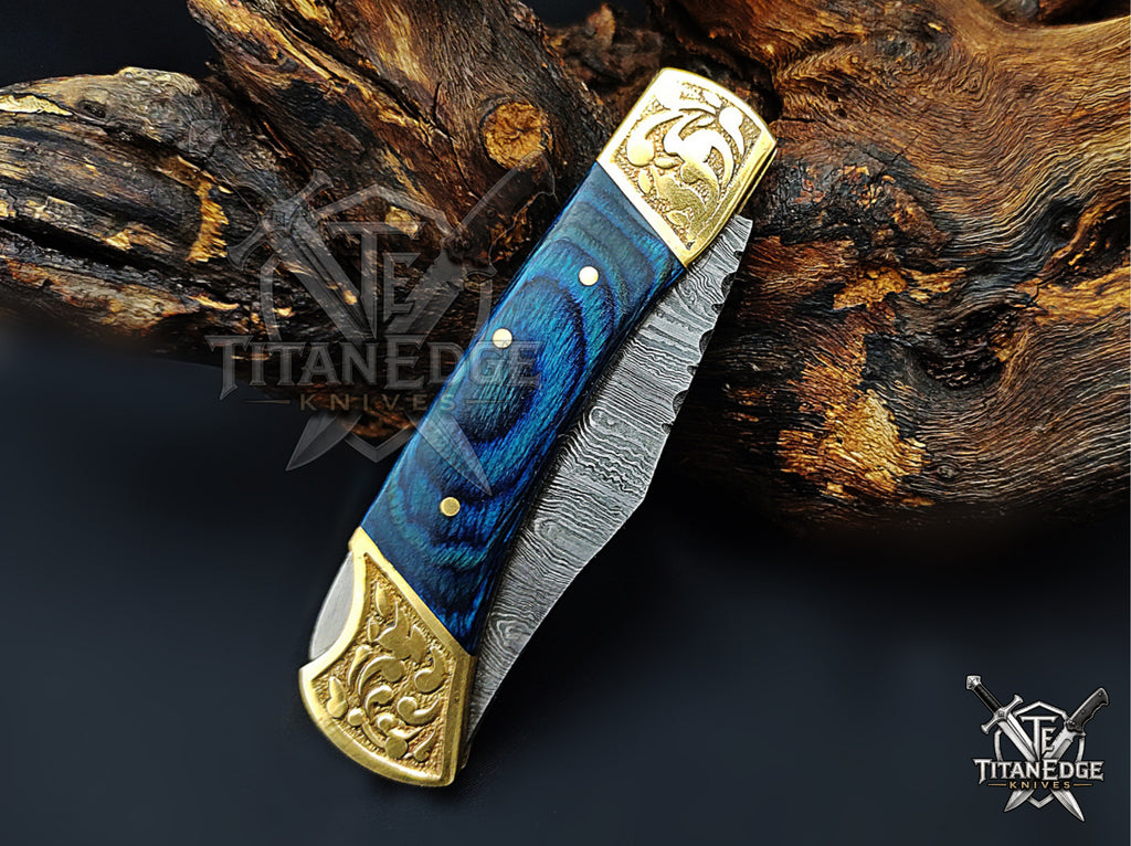 Handmade 7.25" Damascus Steel Pocket Knife, Folding EDC Hunting Knife, Wood Handle, Groomsmen Gift With Leather Sheath
