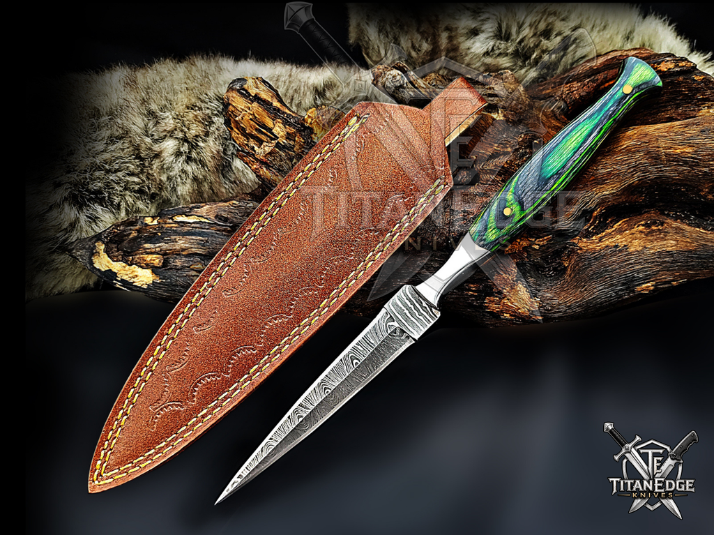 Personalized Handmade 8.75 Inch Damascus Steel Needle Point Dagger Boot Knife, Fixed Blade Boot Knife, Wood Handle, Men's Gift With Sheath