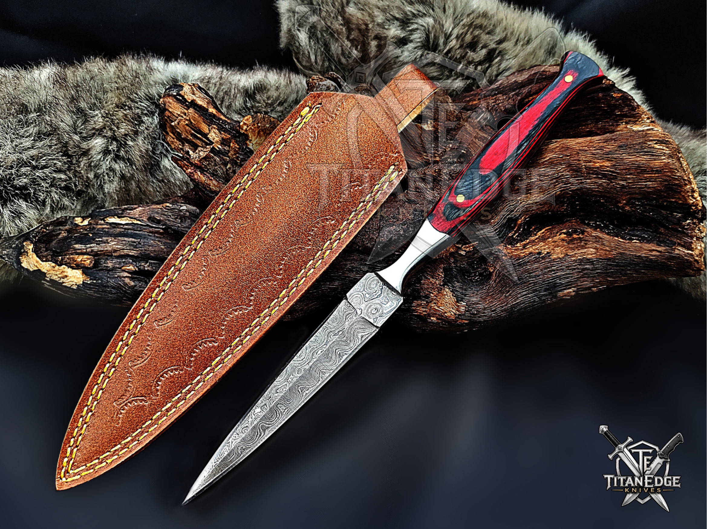 Personalized Handmade 8.75 Inch Damascus Steel Needle Point Dagger Boot Knife, Fixed Blade Boot Knife, Wood Handle, Men's Gift With Sheath