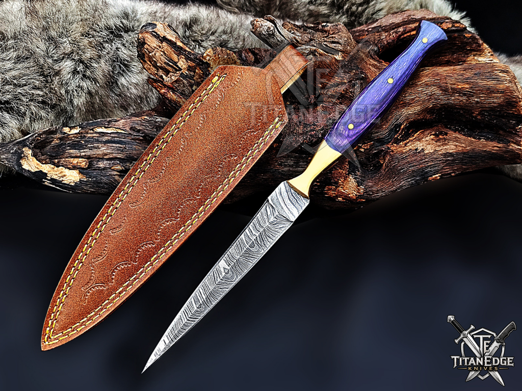 Personalized Handmade 8.75 Inch Damascus Steel Needle Point Dagger Boot Knife, Fixed Blade Boot Knife, Wood Handle, Men's Gift With Sheath