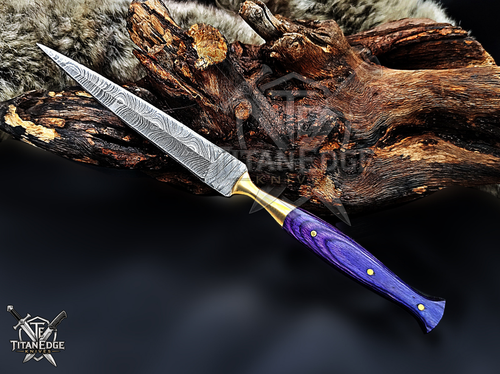 Personalized Handmade 8.75 Inch Damascus Steel Needle Point Dagger Boot Knife, Fixed Blade Boot Knife, Wood Handle, Men's Gift With Sheath