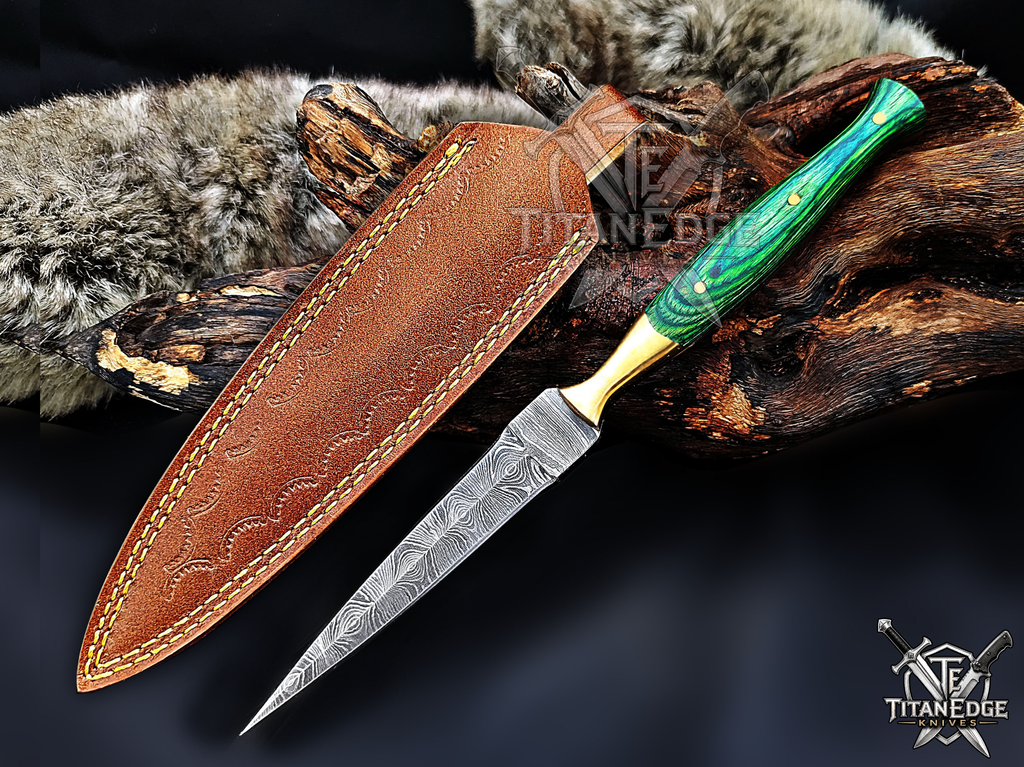 Personalized Handmade 8.75 Inch Damascus Steel Needle Point Dagger Boot Knife, Fixed Blade Boot Knife, Wood Handle, Men's Gift With Sheath