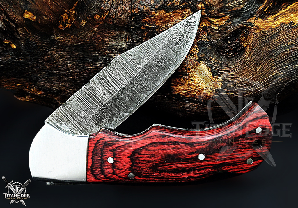 Personalized Handmade 6.75"Damascus Steel Pocket Knife, Folding EDC Hunting Knife, Wood Handle, Groomsmen Gift With Leather Sheath