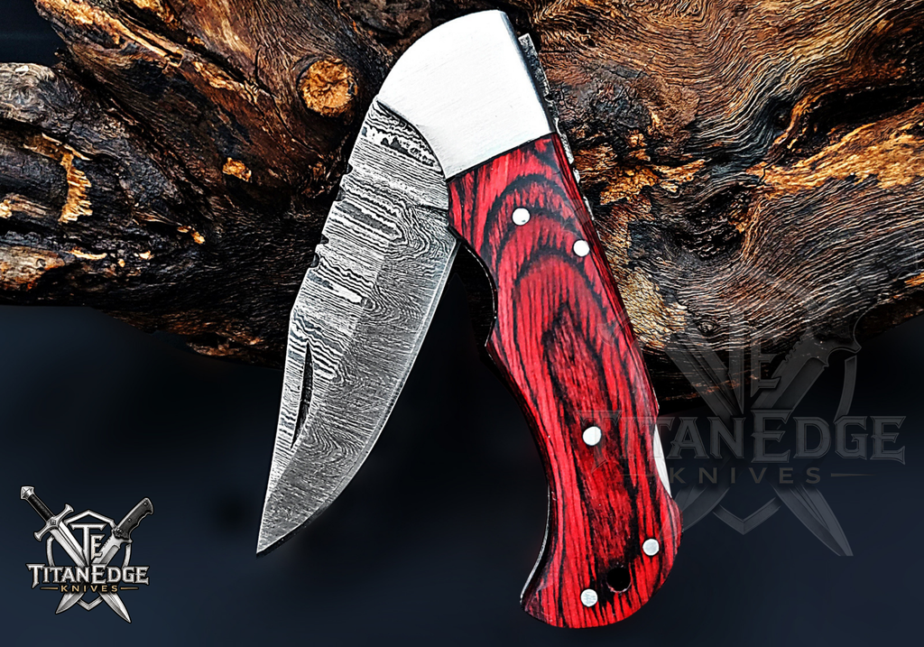 Personalized Handmade 6.75"Damascus Steel Pocket Knife, Folding EDC Hunting Knife, Wood Handle, Groomsmen Gift With Leather Sheath