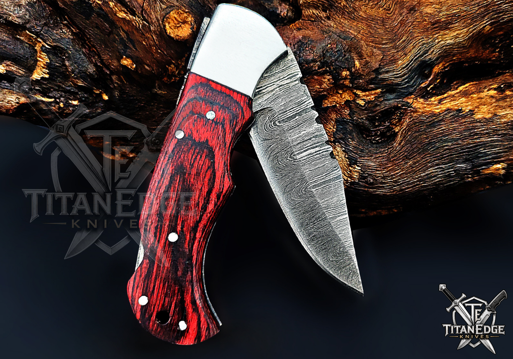 Personalized Handmade 6.75"Damascus Steel Pocket Knife, Folding EDC Hunting Knife, Wood Handle, Groomsmen Gift With Leather Sheath
