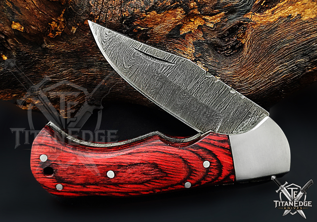 Personalized Handmade 6.75"Damascus Steel Pocket Knife, Folding EDC Hunting Knife, Wood Handle, Groomsmen Gift With Leather Sheath