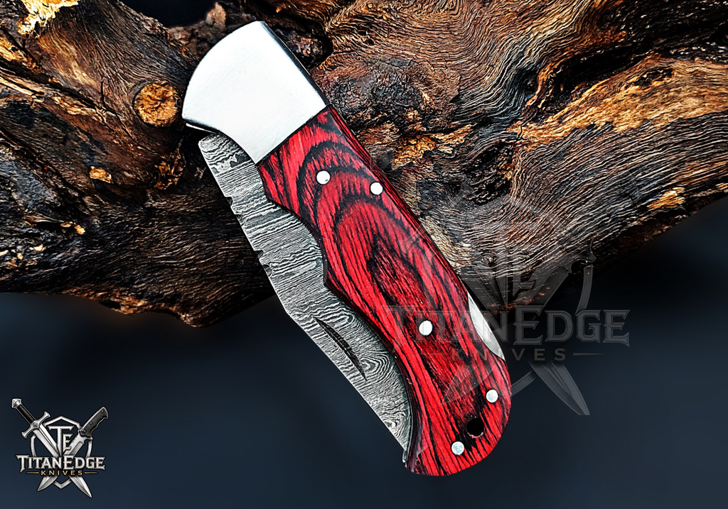 Personalized Handmade 6.75"Damascus Steel Pocket Knife, Folding EDC Hunting Knife, Wood Handle, Groomsmen Gift With Leather Sheath