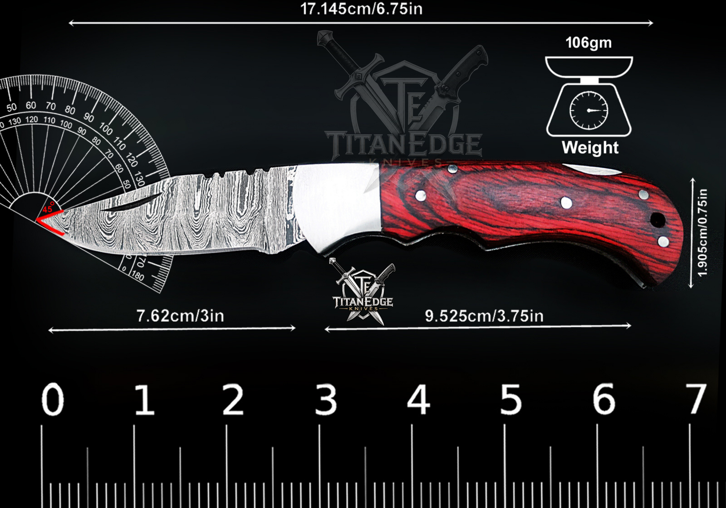 Personalized Handmade 6.75"Damascus Steel Pocket Knife, Folding EDC Hunting Knife, Wood Handle, Groomsmen Gift With Leather Sheath