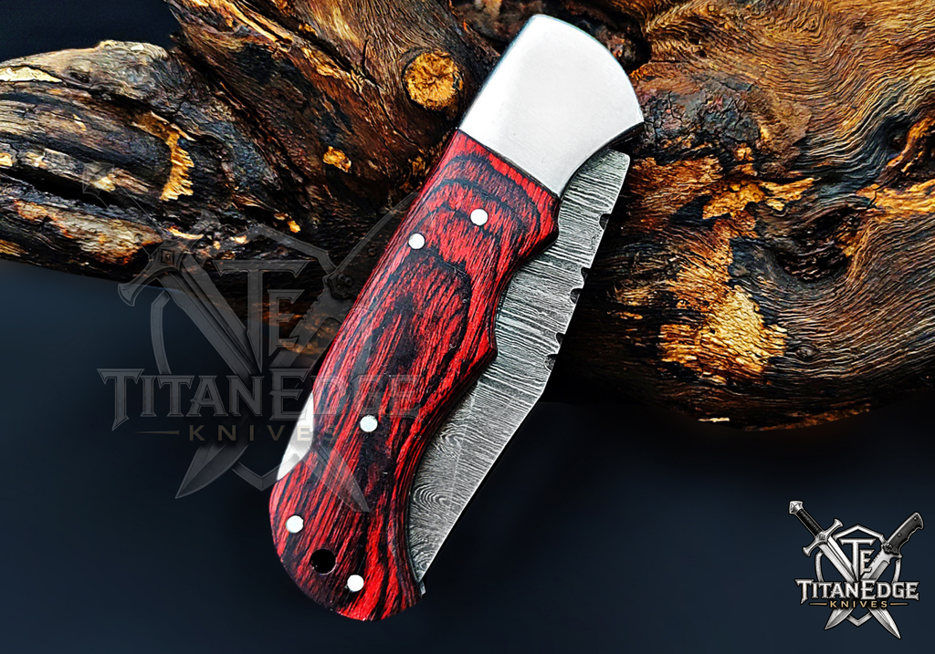 Personalized Handmade 6.75"Damascus Steel Pocket Knife, Folding EDC Hunting Knife, Wood Handle, Groomsmen Gift With Leather Sheath