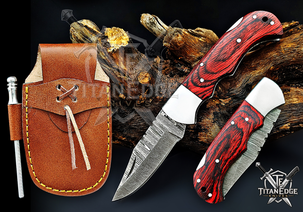 Personalized Handmade 6.75"Damascus Steel Pocket Knife, Folding EDC Hunting Knife, Wood Handle, Groomsmen Gift With Leather Sheath