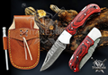 Personalized Handmade 6.75"Damascus Steel Pocket Knife, Folding EDC Hunting Knife, Wood Handle, Groomsmen Gift With Leather Sheath