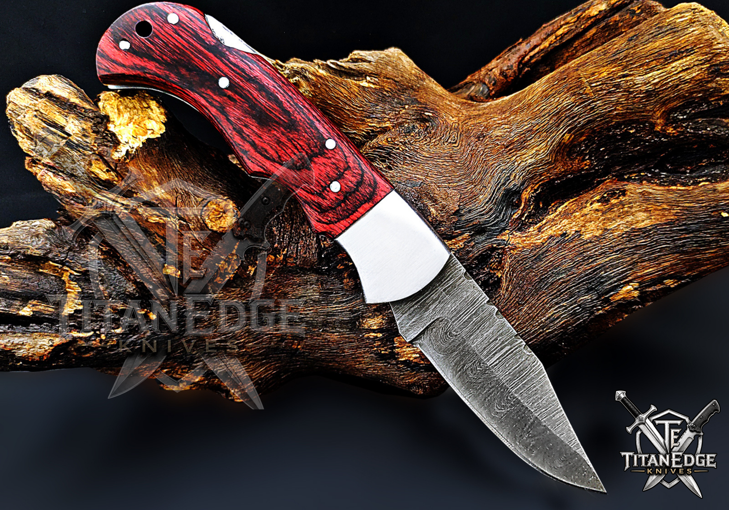 Personalized Handmade 6.75"Damascus Steel Pocket Knife, Folding EDC Hunting Knife, Wood Handle, Groomsmen Gift With Leather Sheath