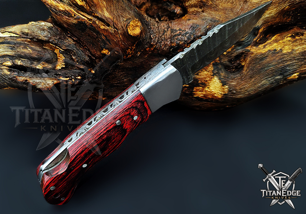 Personalized Handmade 6.75"Damascus Steel Pocket Knife, Folding EDC Hunting Knife, Wood Handle, Groomsmen Gift With Leather Sheath