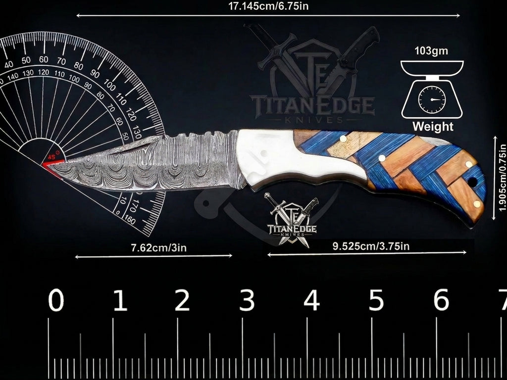 Personalized Handmade 6.75"Damascus Steel Pocket Knife, Folding EDC Hunting Knife, Wood Handle, Groomsmen Gift With Leather Sheath