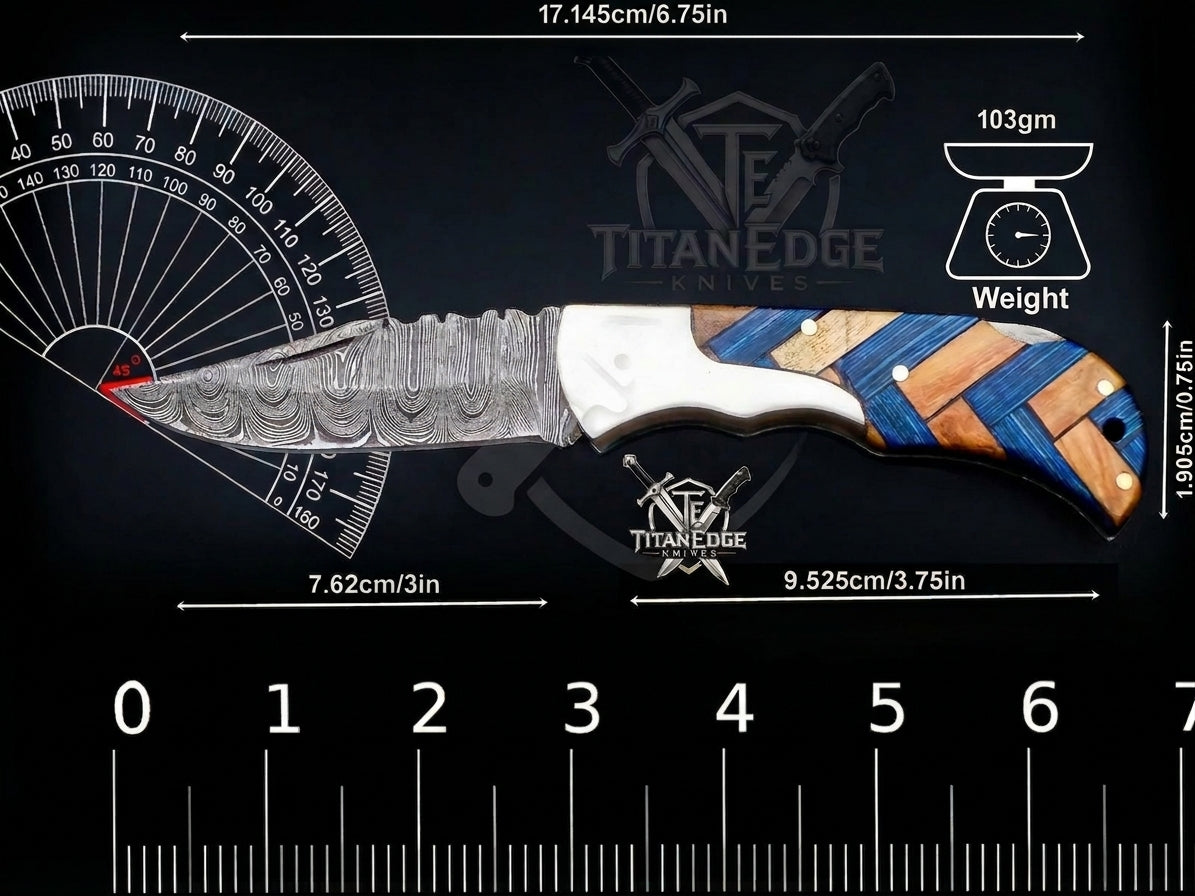 Personalized Handmade 6.75"Damascus Steel Pocket Knife, Folding EDC Hunting Knife, Wood Handle, Groomsmen Gift With Leather Sheath