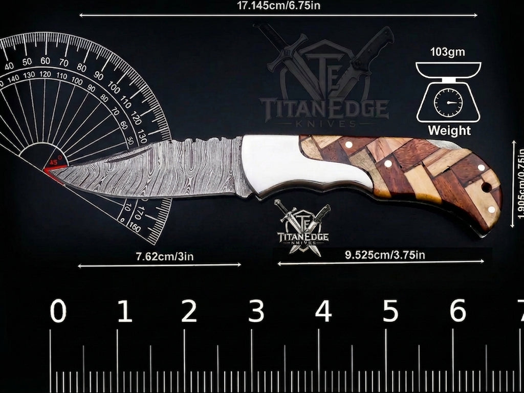 Personalized Handmade 6.75"Damascus Steel Pocket Knife, Folding EDC Hunting Knife, Wood Handle, Groomsmen Gift With Leather Sheath