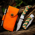 Personalized Handmade 6.75"Damascus Steel Pocket Knife, Folding EDC Hunting Knife, Wood Handle, Groomsmen Gift With Leather Sheath