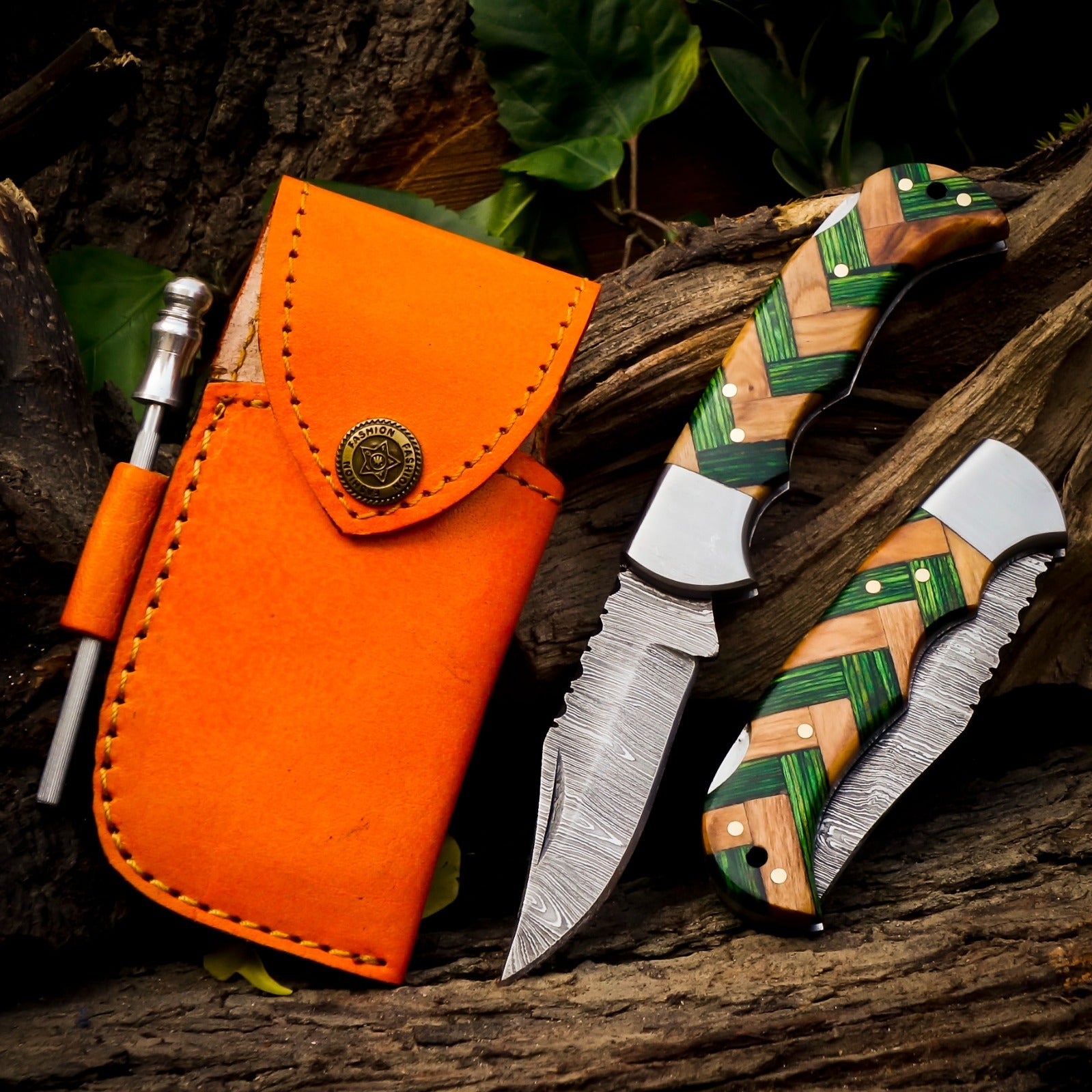 Personalized Handmade 6.75"Damascus Steel Pocket Knife, Folding EDC Hunting Knife, Wood Handle, Groomsmen Gift With Leather Sheath