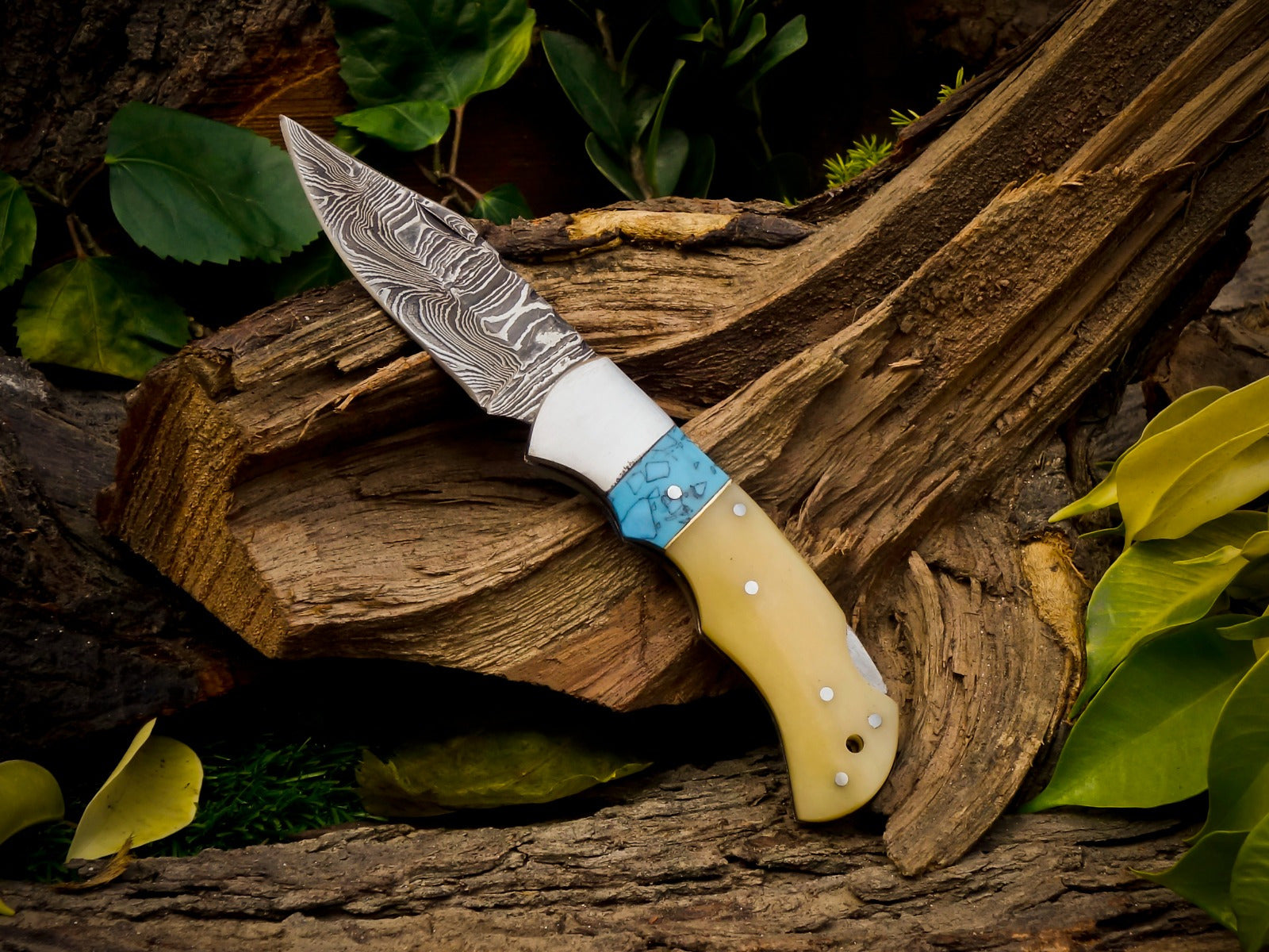 Personalized Handmade 6.75"Damascus Steel Pocket Knife, Folding EDC Hunting Knife, Bone & Resin Handle, Groomsmen Gift With Leather Sheath