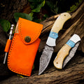 Personalized Handmade 6.75"Damascus Steel Pocket Knife, Folding EDC Hunting Knife, Bone & Resin Handle, Groomsmen Gift With Leather Sheath