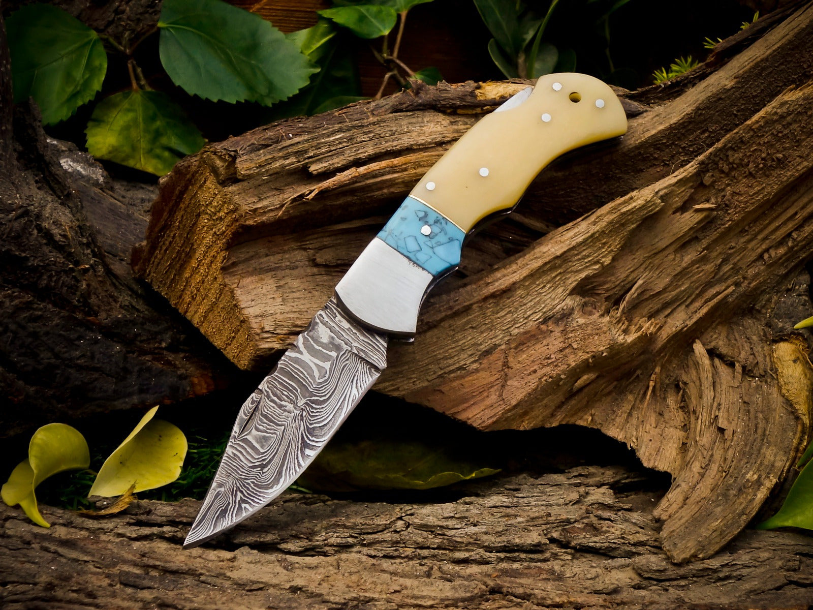 Personalized Handmade 6.75"Damascus Steel Pocket Knife, Folding EDC Hunting Knife, Bone & Resin Handle, Groomsmen Gift With Leather Sheath