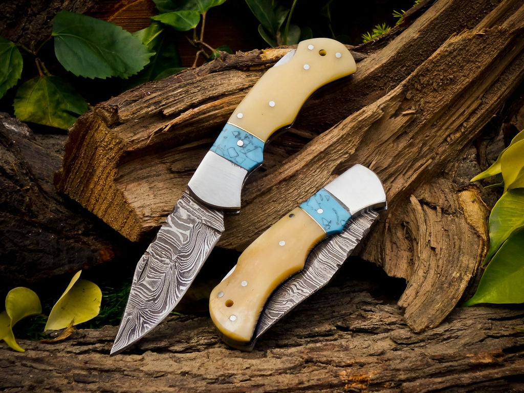 Personalized Handmade 6.75"Damascus Steel Pocket Knife, Folding EDC Hunting Knife, Bone & Resin Handle, Groomsmen Gift With Leather Sheath