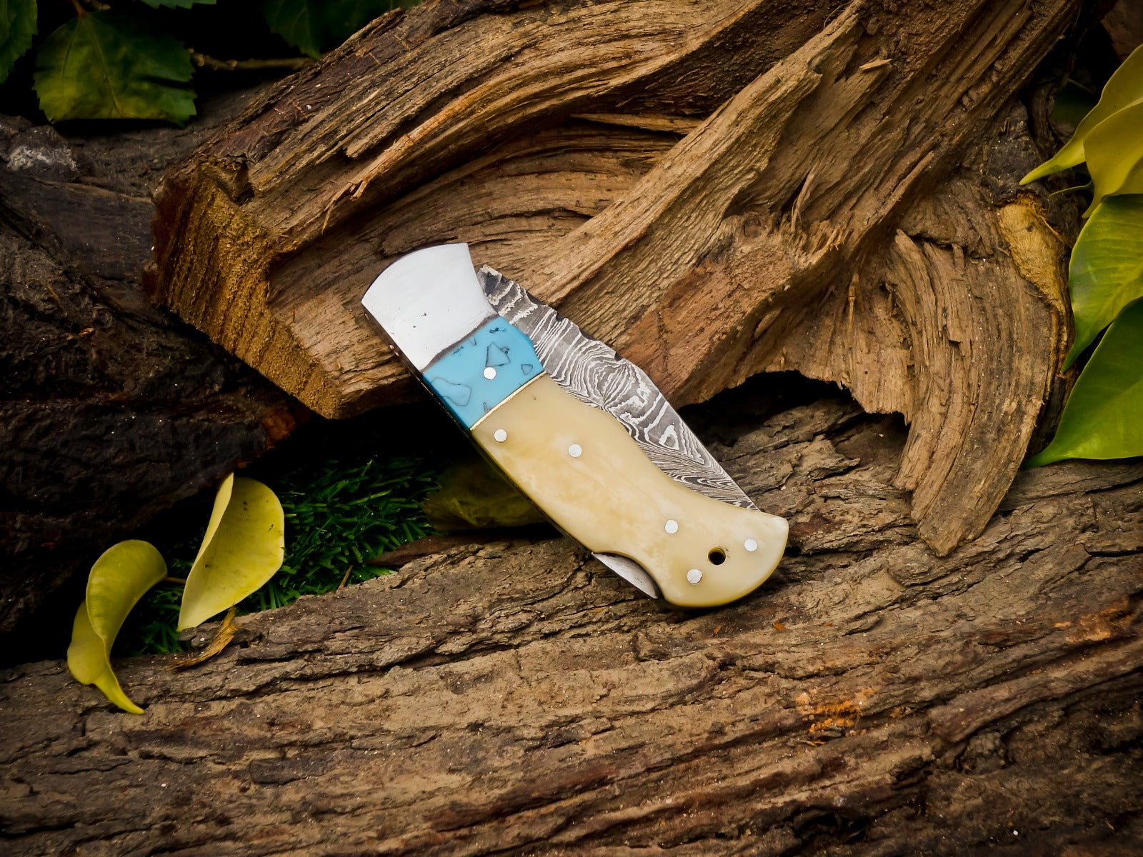 Personalized Handmade 6.75"Damascus Steel Pocket Knife, Folding EDC Hunting Knife, Bone & Resin Handle, Groomsmen Gift With Leather Sheath