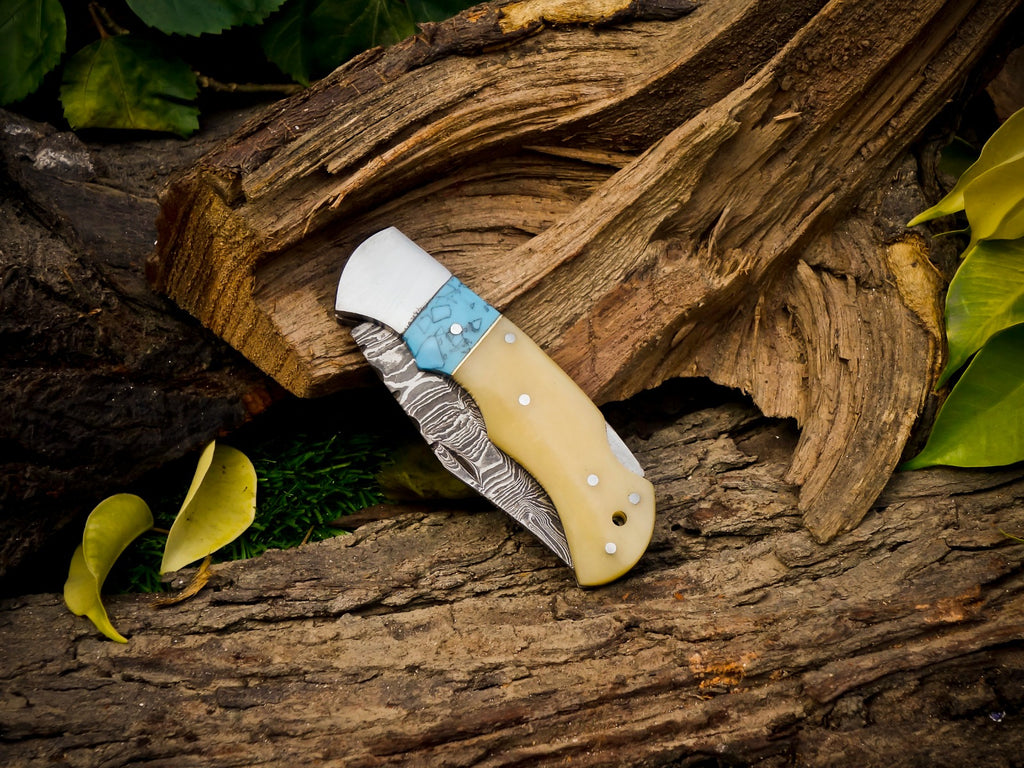 Personalized Handmade 6.75"Damascus Steel Pocket Knife, Folding EDC Hunting Knife, Bone & Resin Handle, Groomsmen Gift With Leather Sheath