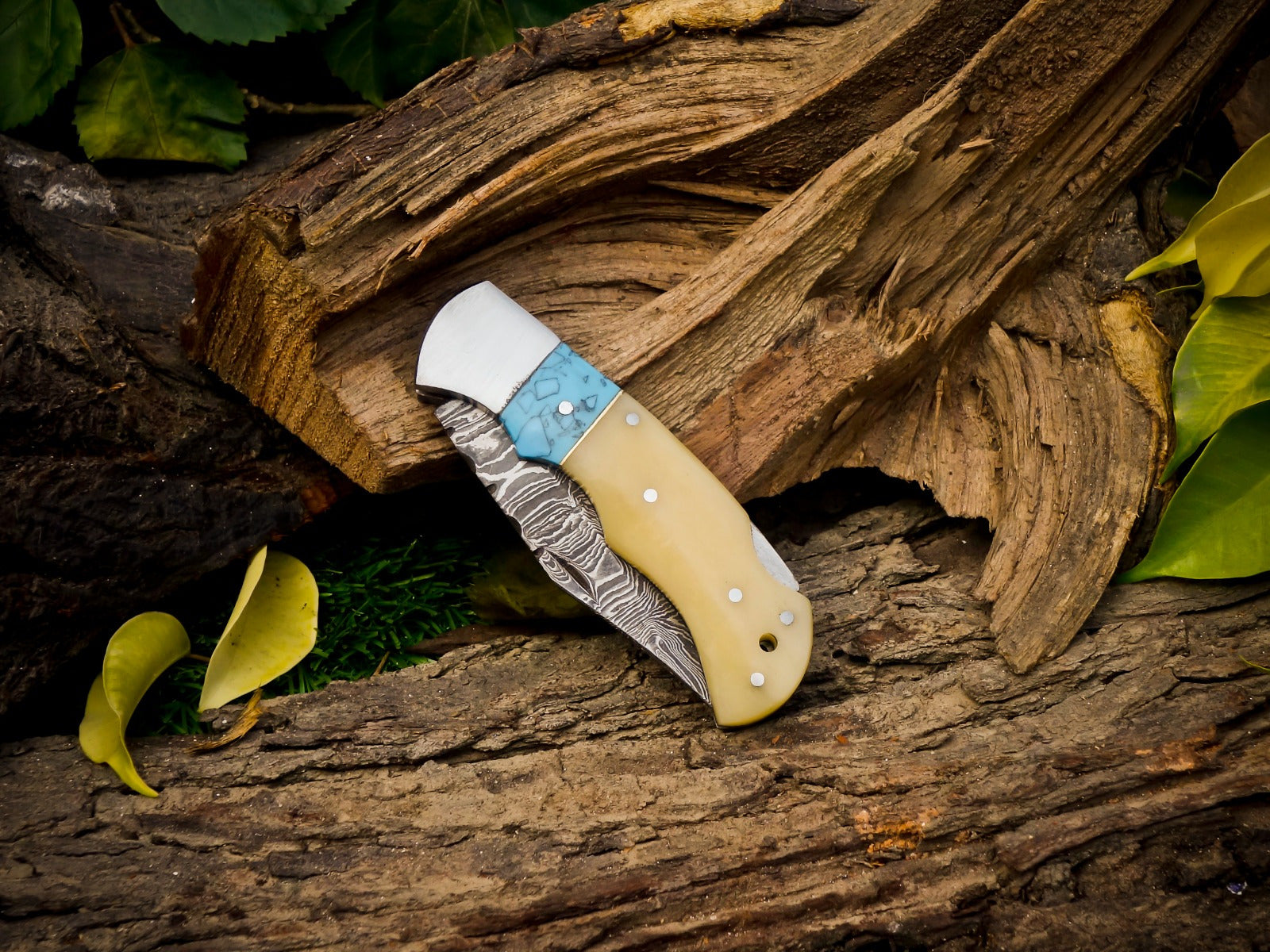 Personalized Handmade 6.75"Damascus Steel Pocket Knife, Folding EDC Hunting Knife, Bone & Resin Handle, Groomsmen Gift With Leather Sheath
