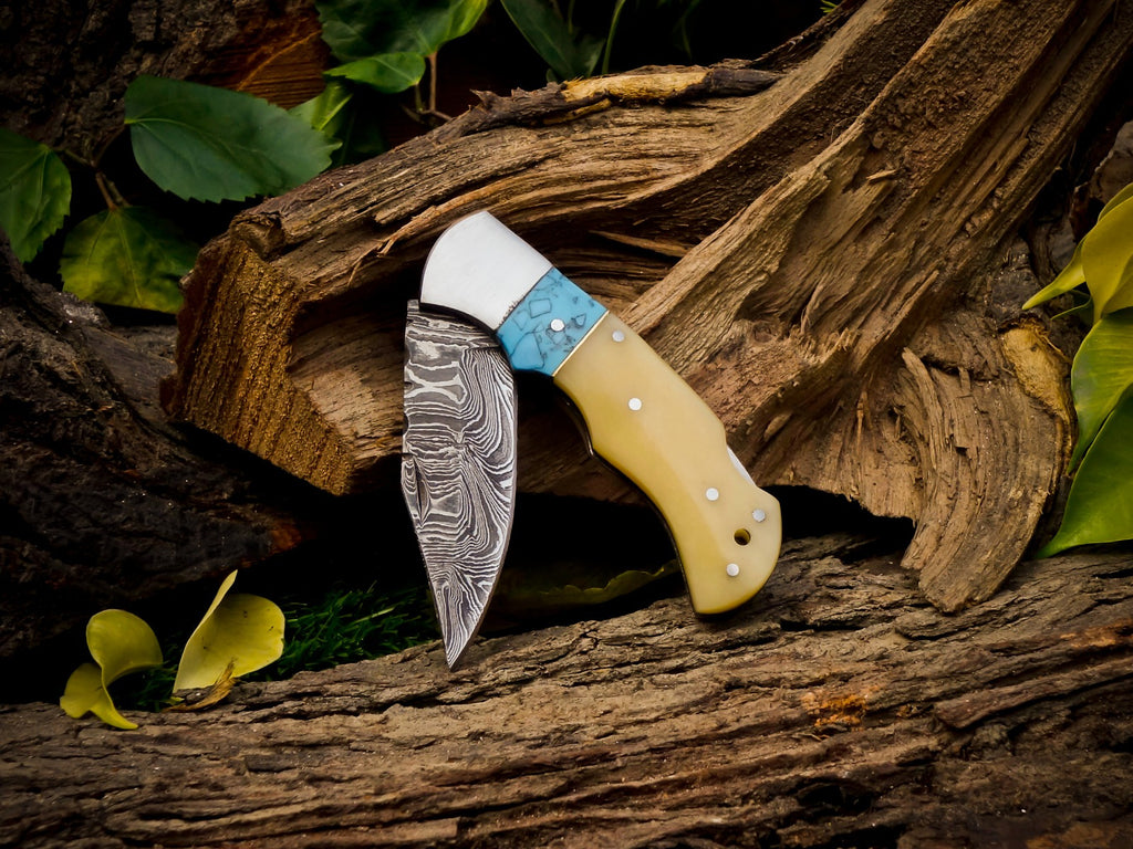 Personalized Handmade 6.75"Damascus Steel Pocket Knife, Folding EDC Hunting Knife, Bone & Resin Handle, Groomsmen Gift With Leather Sheath