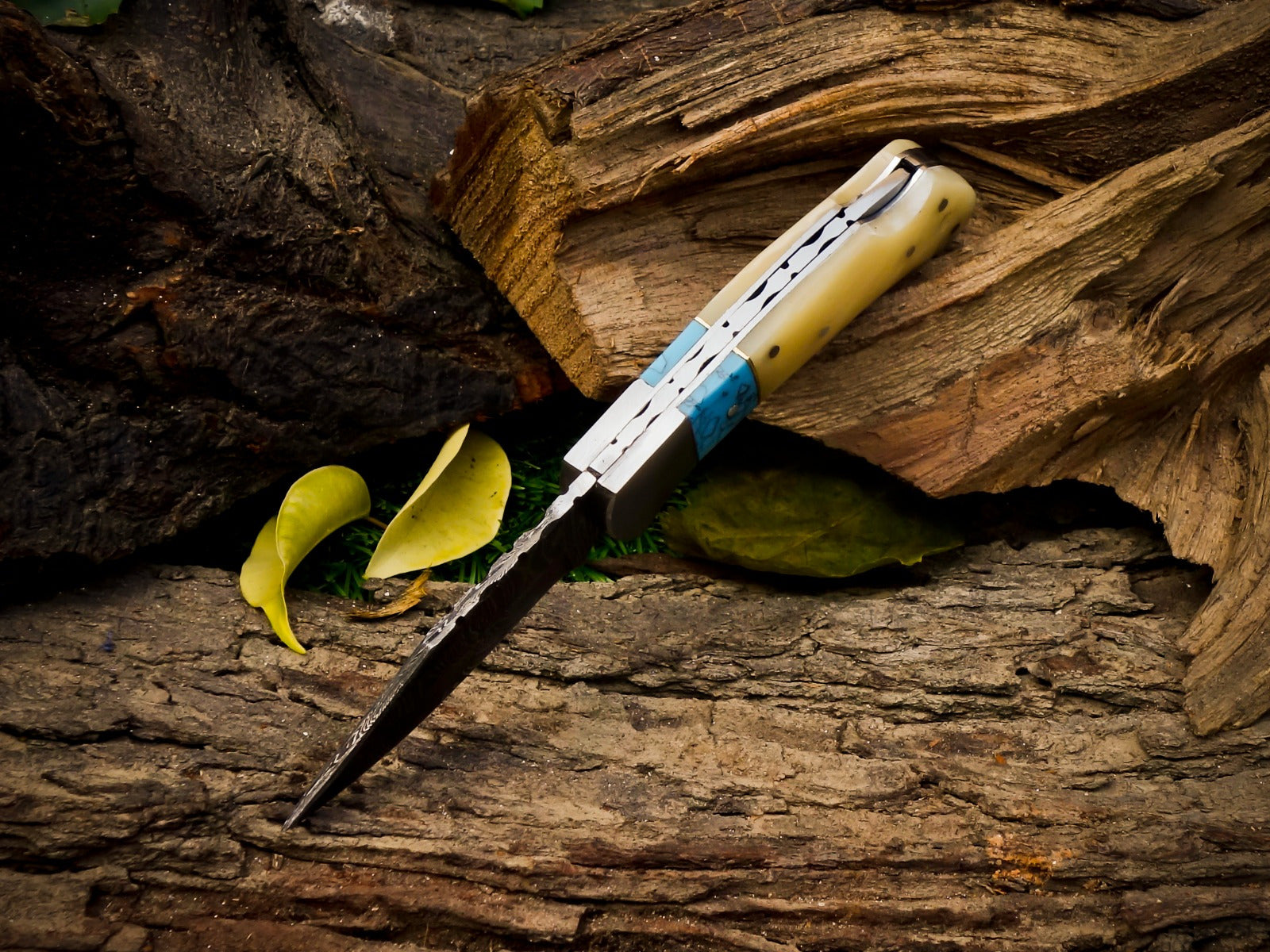 Personalized Handmade 6.75"Damascus Steel Pocket Knife, Folding EDC Hunting Knife, Bone & Resin Handle, Groomsmen Gift With Leather Sheath