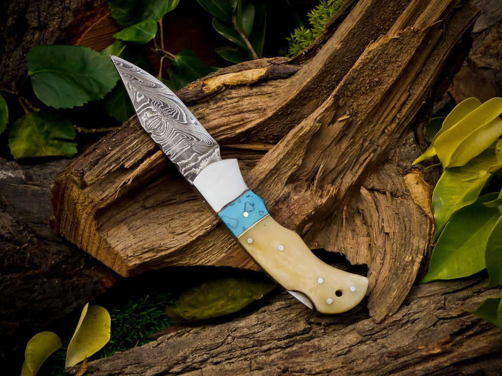 Personalized Handmade 6.75"Damascus Steel Pocket Knife, Folding EDC Hunting Knife, Bone & Resin Handle, Groomsmen Gift With Leather Sheath