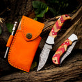 Personalized Handmade 6.75"Damascus Steel Pocket Knife, Folding EDC Hunting Knife, Wood Handle, Groomsmen Gift With Leather Sheath