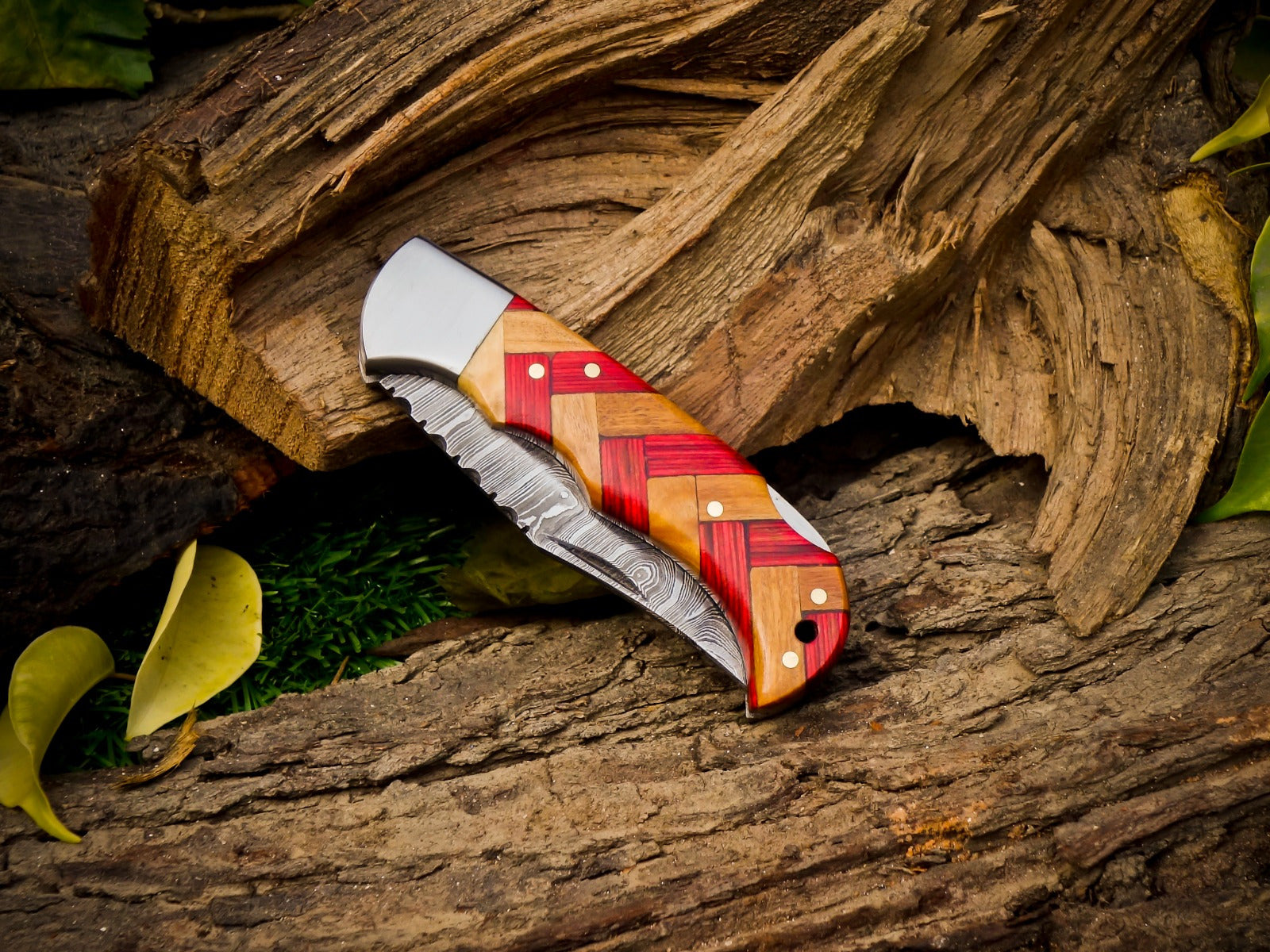 Personalized Handmade 6.75"Damascus Steel Pocket Knife, Folding EDC Hunting Knife, Wood Handle, Groomsmen Gift With Leather Sheath