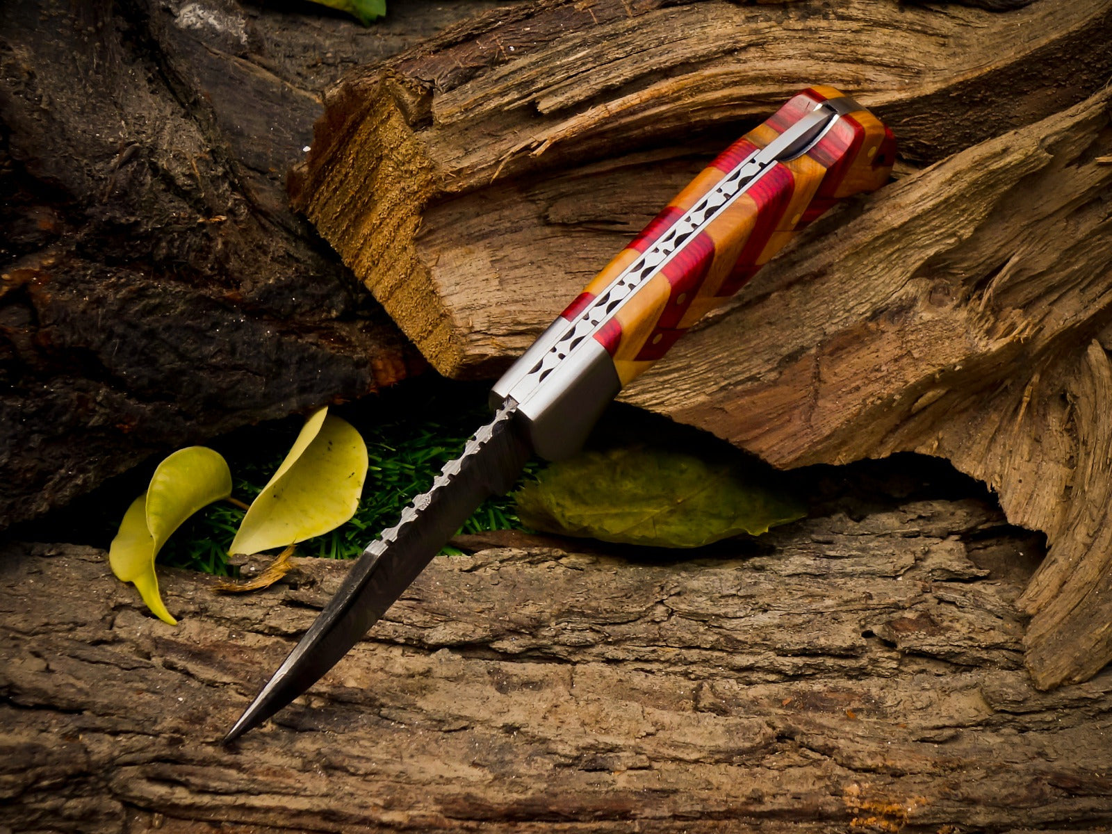 Personalized Handmade 6.75"Damascus Steel Pocket Knife, Folding EDC Hunting Knife, Wood Handle, Groomsmen Gift With Leather Sheath